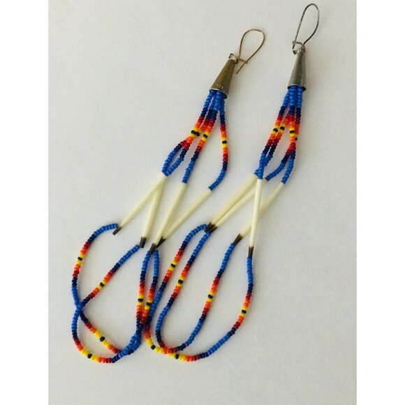 Beaded Dangle Earrings Seed Beads Handmade Hooks Native American Blue Orange - Picture 2 of 5